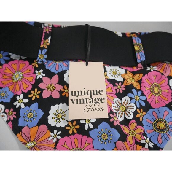 Unique Vintage Black and Purple Floral Belted Swim Bikini Bottom XS - Picture 5 of 6